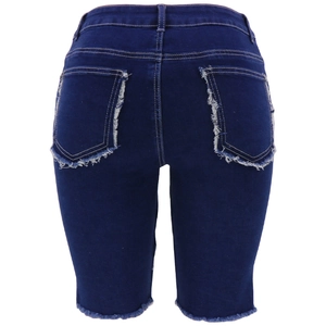 Women's deep blue denim bermuda shorts with raw hem and back pockets on white background