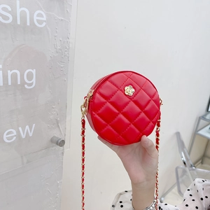 Red circular quilted cross-body bag for girls with gold camellia hardware and chain strap