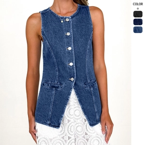 Women Denim Vest Round Neck Sleeveless Slim Fit Waistcoat Single Breasted Retro Washed Jacket Top