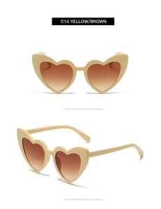Front and 45-degree side views of heart-shaped sunglasses in C14 yellow and brown