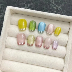 Unghie Finte da Applicare Occhio di Gatto Fatte a Mano Con Bordo Metallico Francese Unghie in Resina Minimaliste per Donna