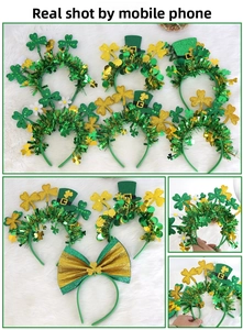 Detailed views of St. Patrick's Day headbands with green clovers and gold sequins