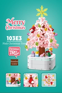 Detailed views of pink Christmas tree building blocks with 211 pieces and base decorations