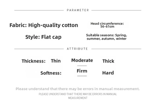 Size chart showing quality cotton flat top cap with head circumference 56-61cm for men