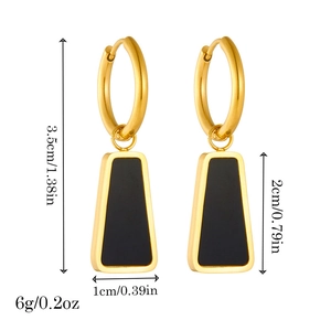 Gold-plated geometric earrings with black trapezoid pendant showing detailed dimensions
