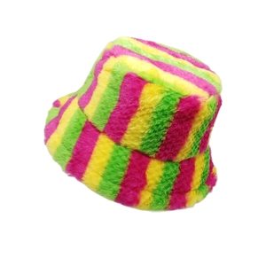 Colorful rainbow striped faux fur bucket hat with neon pink, yellow, and green plush faux fur