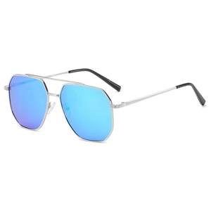 Close-up of silver pilot sunglasses with polarized blue mirrored lenses and double bridge