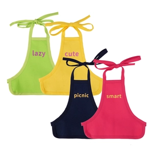 Set of 4 colorful cotton pet aprons in green, yellow, navy, and pink with cute embroidery
