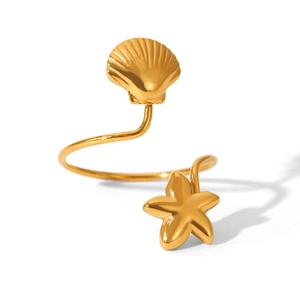 Polished 18k gold starfish and seashell stainless steel open ring for women