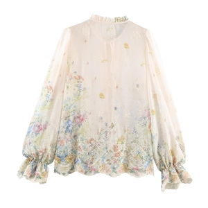 French style floral embroidery blouse with ruffled collar and sheer beige chiffon fabric