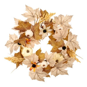 Autumn wreath with beige maple leaves, sunflowers, and mini pumpkins on white background