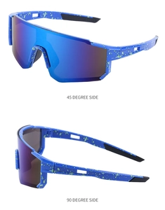 Dual view of outdoor cycling sunglasses with blue frame and colorful gradient lenses
