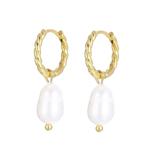 French style gold twisted hoop earrings with white baroque pearl drop pendants