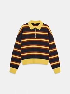 Detail of vintage striped knit polo sweater with yellow and blue ribbed textures