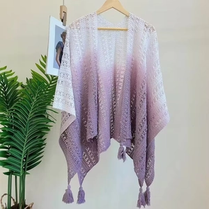 Bohemian purple gradient hollow knit shawl wrap with fringe for women beach vacation