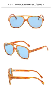 Three-view detail of orange tortoiseshell double-bridge sunglasses with blue lenses