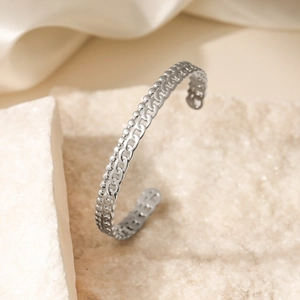 Bracciale a fascia aperta in acciaio inossidabile argento con trama a doppia catena
