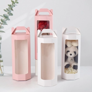 Hexagonal Gift Box With Transparent Window Handheld Portable Cardboard Folding Packaging For Flowers Wine Glasses