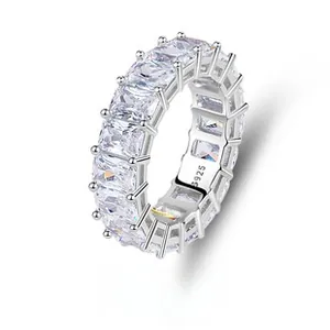 Macro detail of S925 sterling silver eternity ring with rectangular baguette cut stones