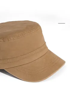 Macro detail of washed cotton cadet cap with wide brim and reinforced stitching