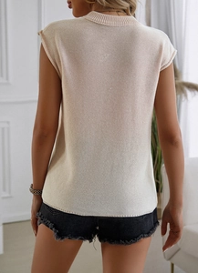 Back view of a sleeveless beige knit sweater vest for women with casual crew neck