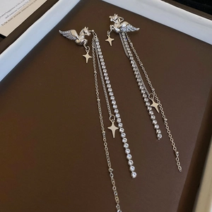 Silver winged horse and star tassels earrings with sparkling rhinestones decoration