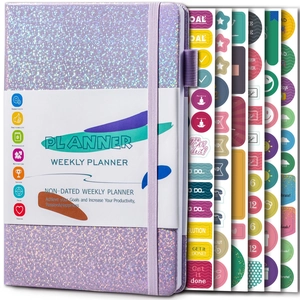 Purple glitter undated weekly planner notebook with functional stickers for goal setting