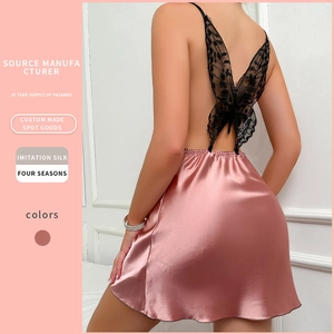 Sexy Women Satin Nightgown Backless Cowl Neck Spaghetti Strap Butterfly Lace Mini Slip Dress Imitation Satin Sleepwear