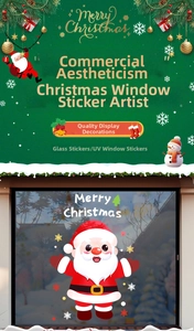 Macro detail of Santa Claus UV glass sticker with Merry Christmas text for windows