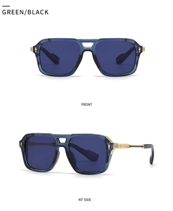 Front and side view of square aviator sunglasses with blue frames and gold metal temples