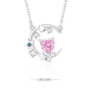 925 Sterling Silver Necklace With Pink Heart Cubic Zirconia Crescent Moon And Star Pendant Romantic Jewelry For Women