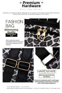 Detailed close-up of golden hardware accents and black nylon straps on a leopard print backpack