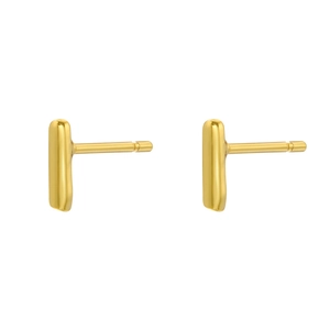Detail showing high-polished 18K gold-plated minimalist bar stud earrings with smooth finish