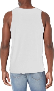 Rear view of a white men's athletic tank top showing the Y-back design and muscle fit