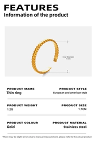 Detailed size chart showing 1.7cm inner diameter for the 18K gold plated twisted ring
