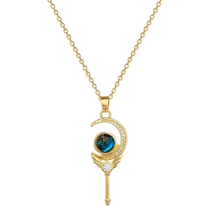 Starry magic wand necklace with crescent moon and blue gemstone on gold titanium steel