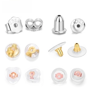 Detailed view of S925 sterling silver earring backs in various metal finishes and shapes