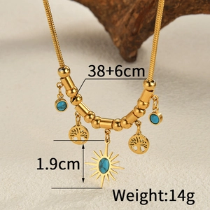 Böhmische 18K vergoldete Schlangenkette mit Türkis-Sonne und Baum des Lebens Anhängern