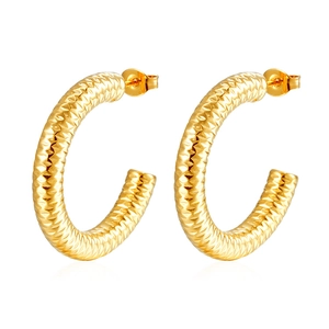 Detailed close-up of golden hoop earrings featuring a textured diamond-cut pattern surface