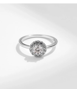 Detailed view of S925 sterling silver ring with halo moissanite and polished finish