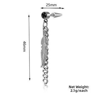Detail view of silver stainless steel wing earring with black gemstone and chain tassel