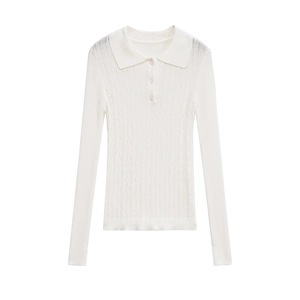 Minimalist white women's long sleeve polo knit sweater with fine cable texture