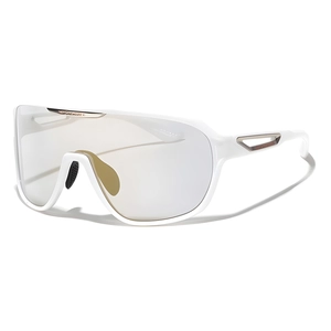 Y2K oversized wraparound shield sunglasses with white frame and polarized gold lenses