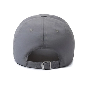 Rear view of dark grey quick-dry baseball cap featuring adjustable metal buckle strap