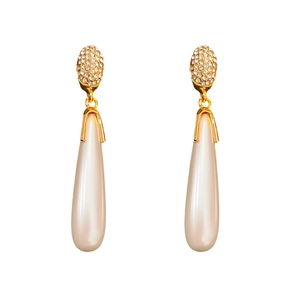 Elegant gold drop earrings with micro-paved rhinestones and long white teardrop pearls