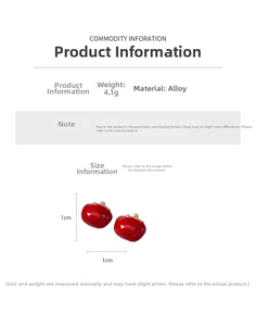 Detail of red apple-shaped alloy earrings showing 1cm size and 4.1g lightweight weight