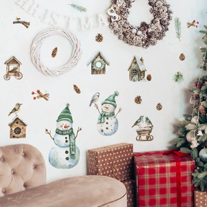 Christmas wall stickers with watercolor snowman pinecone birdhouse for festive home decor