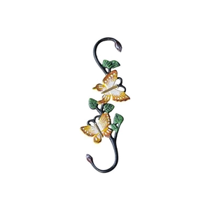 Decorative cast iron S-shaped wall hook featuring colorful orange butterfly and green leaves