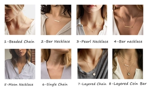 Collage of eight gold plated stainless steel necklaces with geometric coin and bar charms