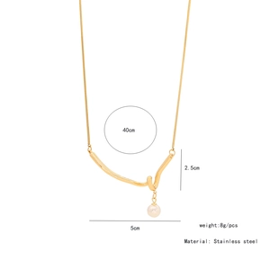 Detail view of gold stainless steel necklace with curved bar pendant and white pearl